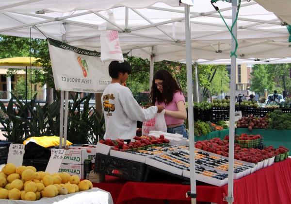 在农贸市场的摊位上买新鲜的农产品, 一个黑发的男学生正在帮助一个黑发的女学生